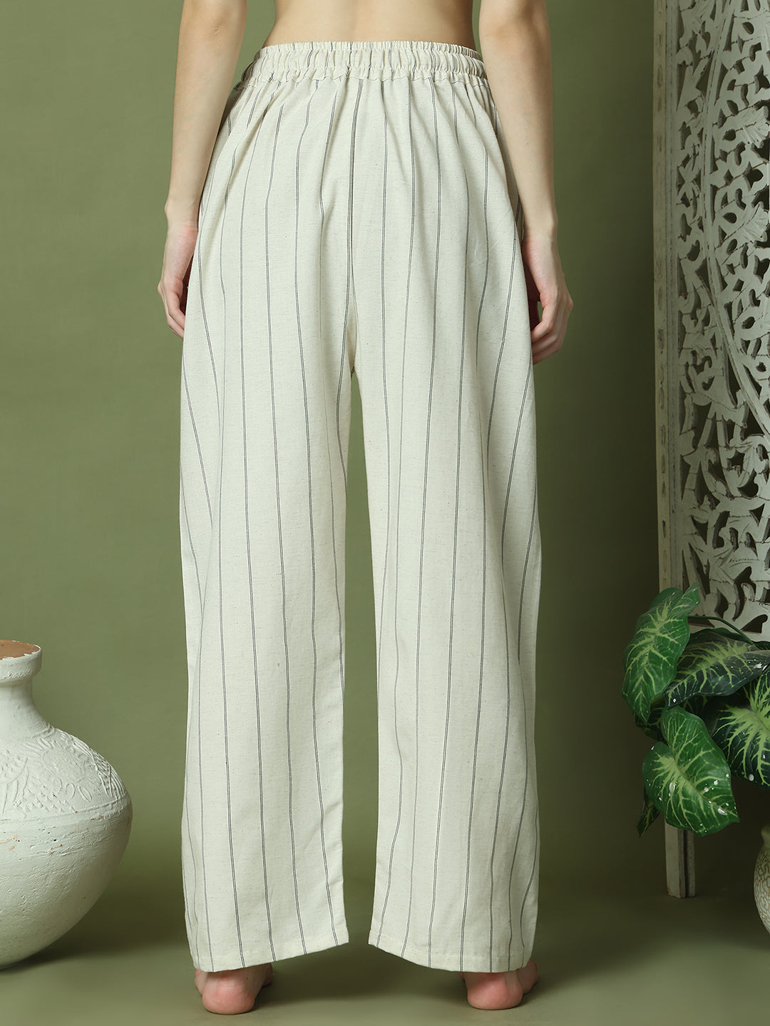 White Striped Cotton Linen Lounge Pant