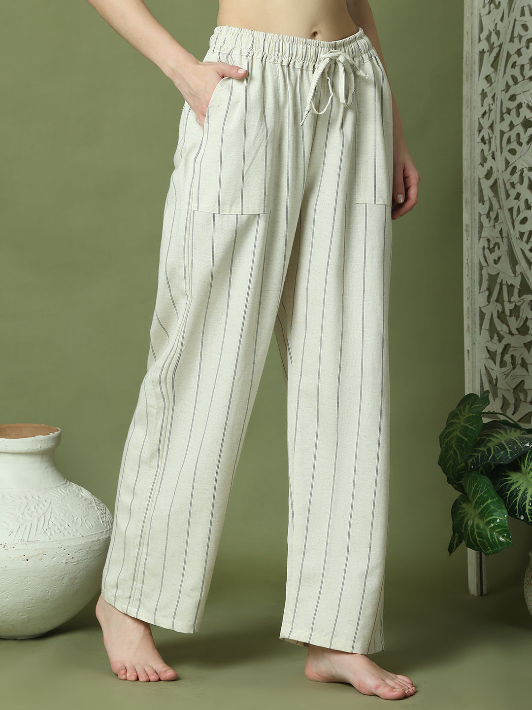 White Striped Cotton Linen Lounge Pant