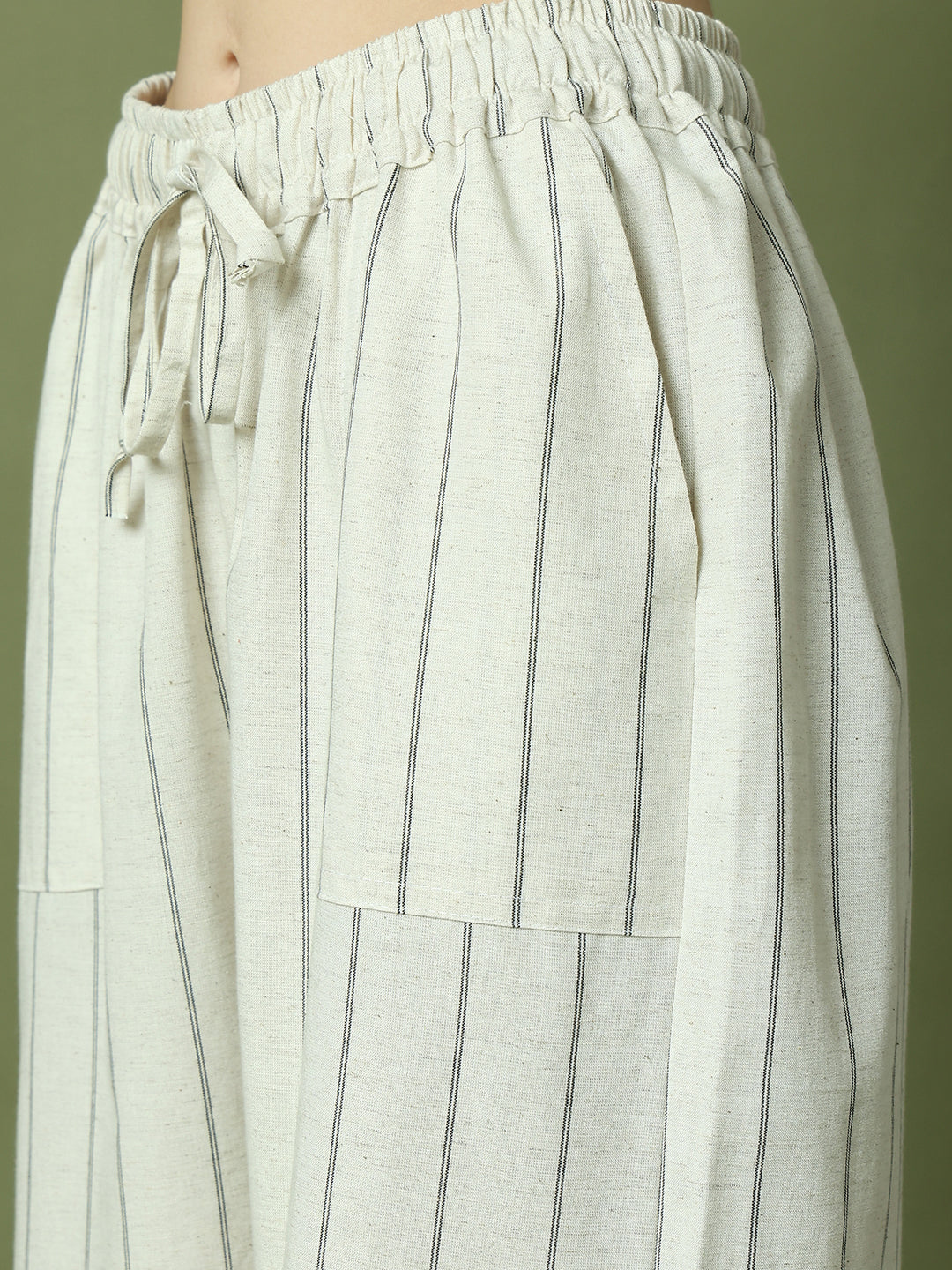 White Striped Cotton Linen Lounge Pant