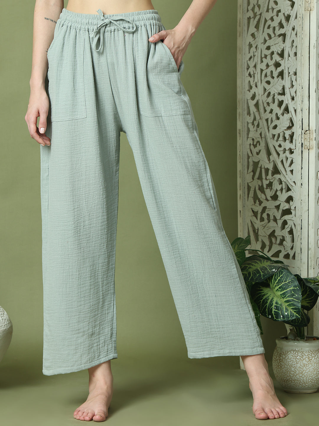 Sage Green Double Cloth Cotton Lounge Pant