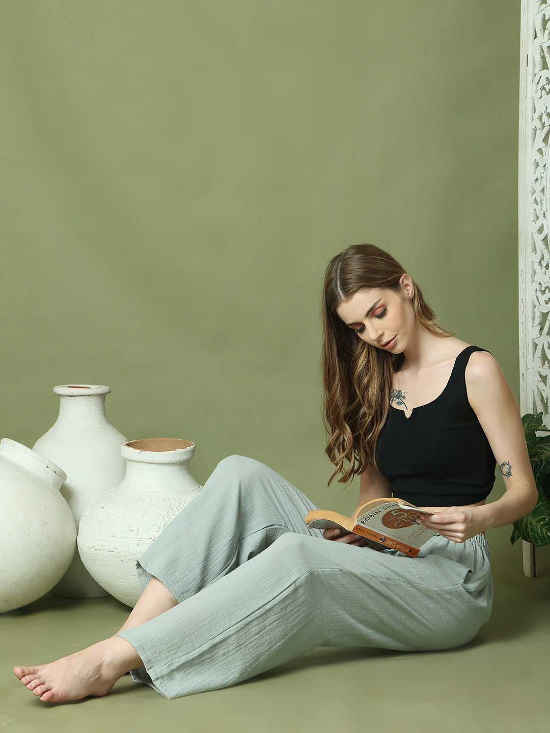 Sage Green Double Cloth Cotton Lounge Pant