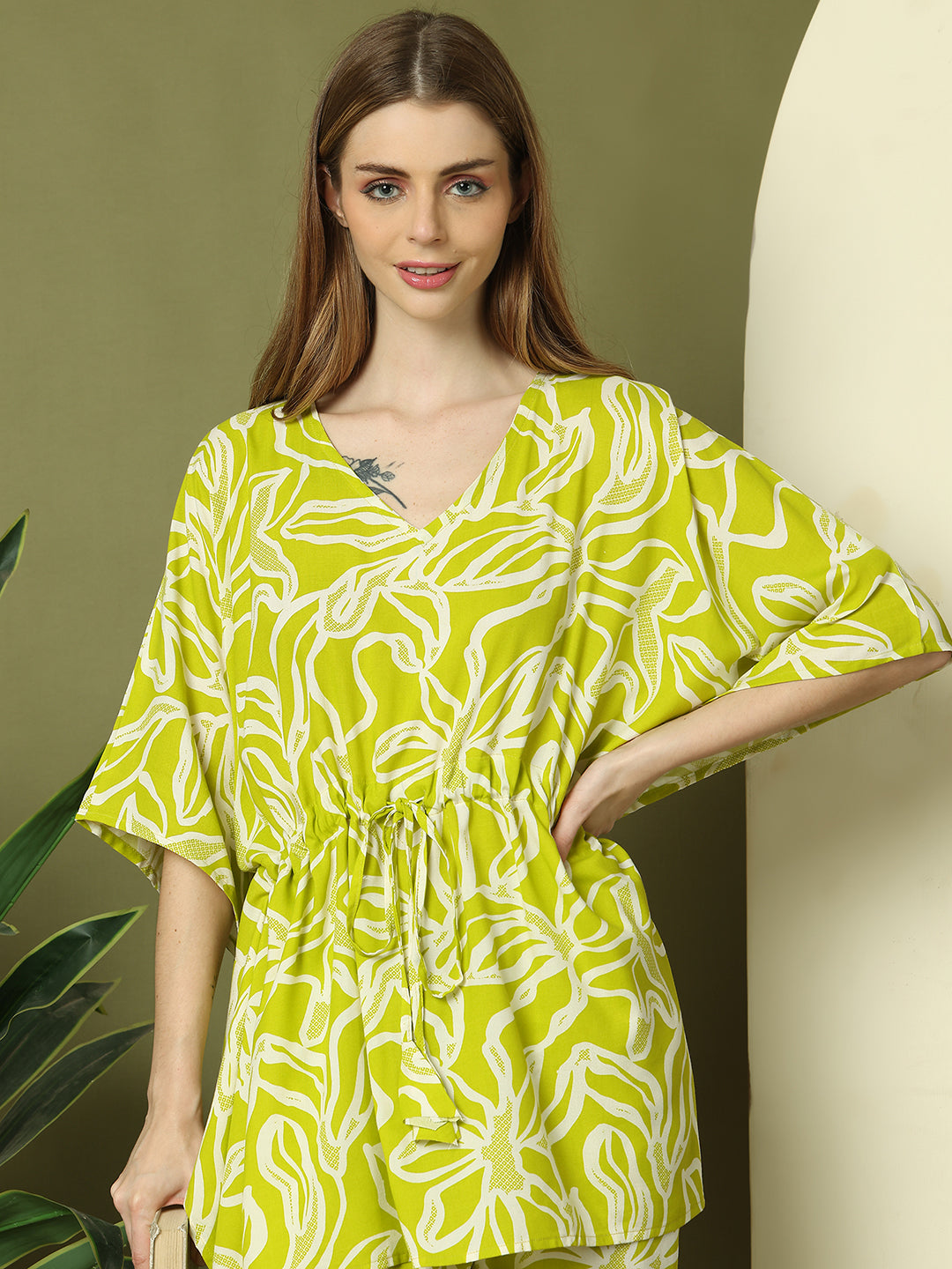 Green Floral Rayon Kaftan Set