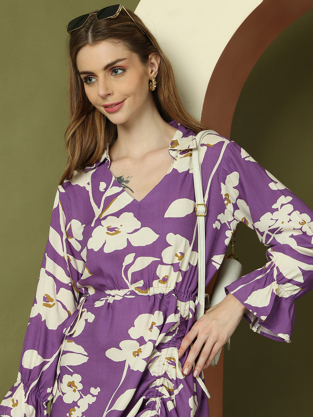 Purple Floral Drawstring Dress