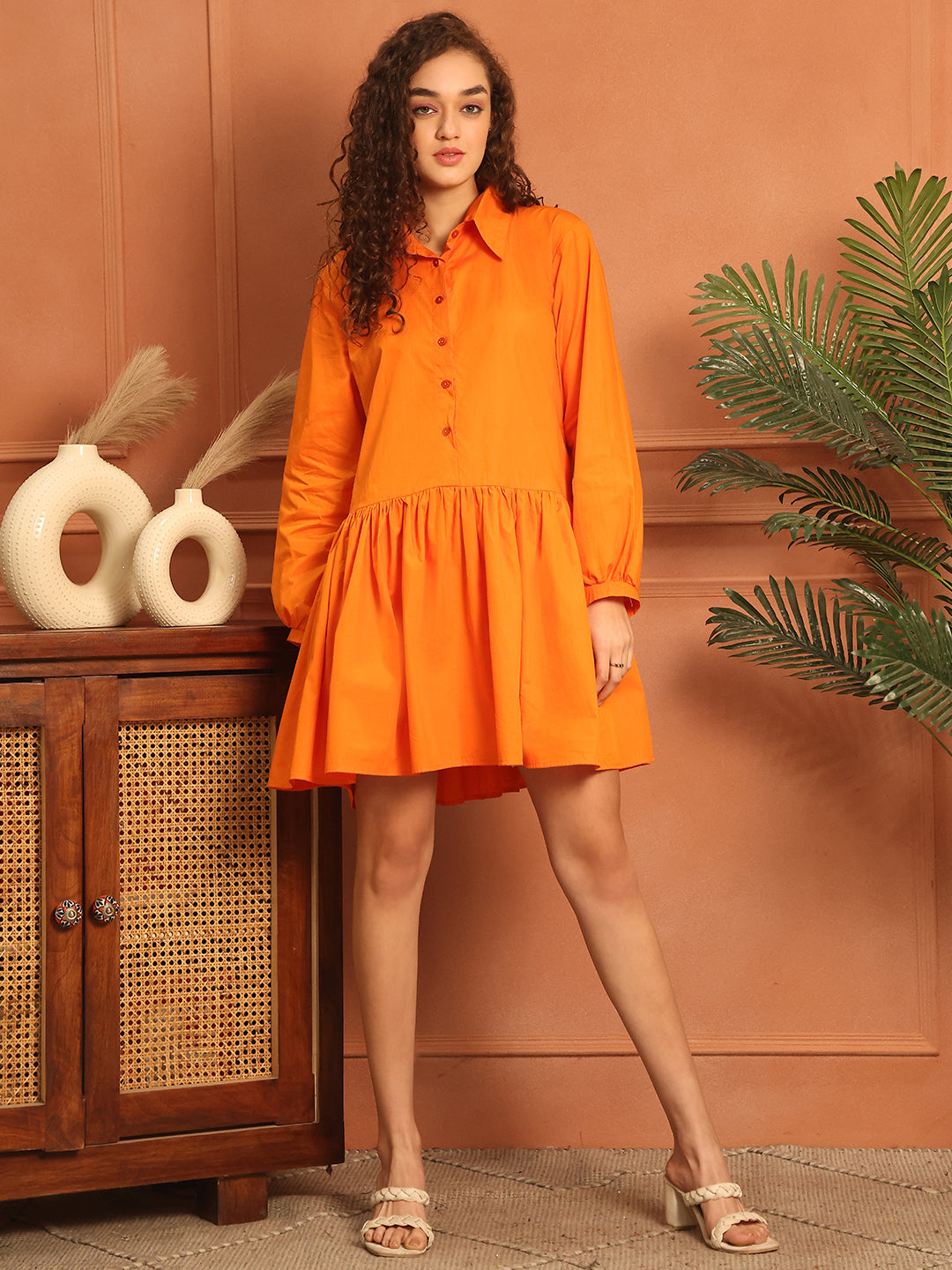 Orange Sunset Cotton Shirt Dress