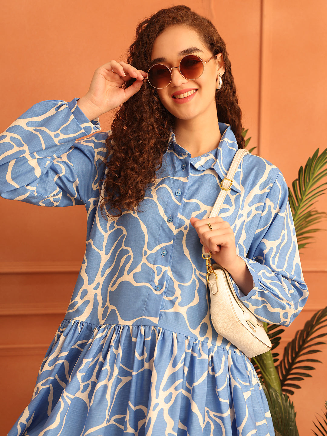 Wavy Blue Rayon Shirt Dress
