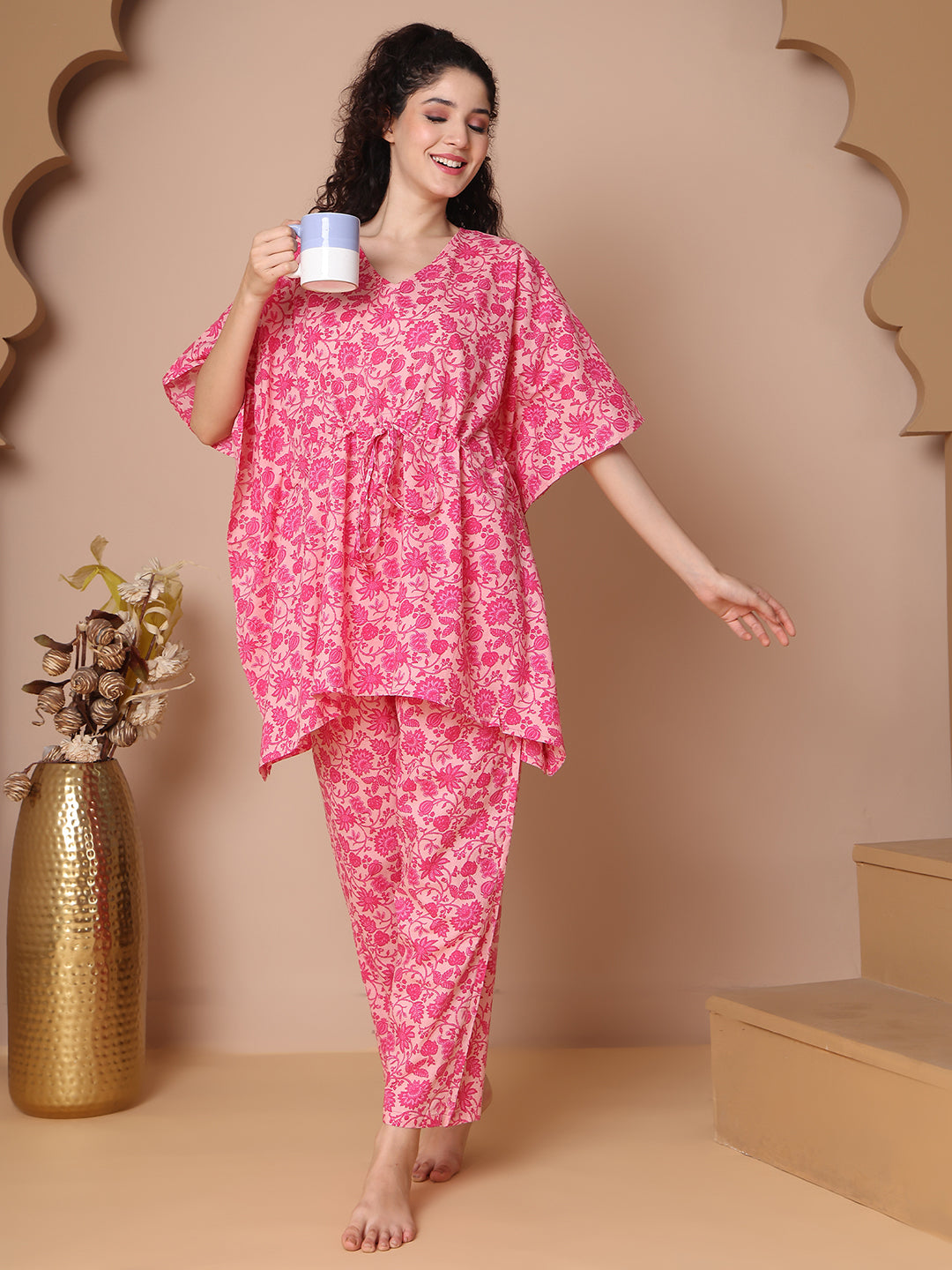 Gulabi Jaal Cotton Kaftan