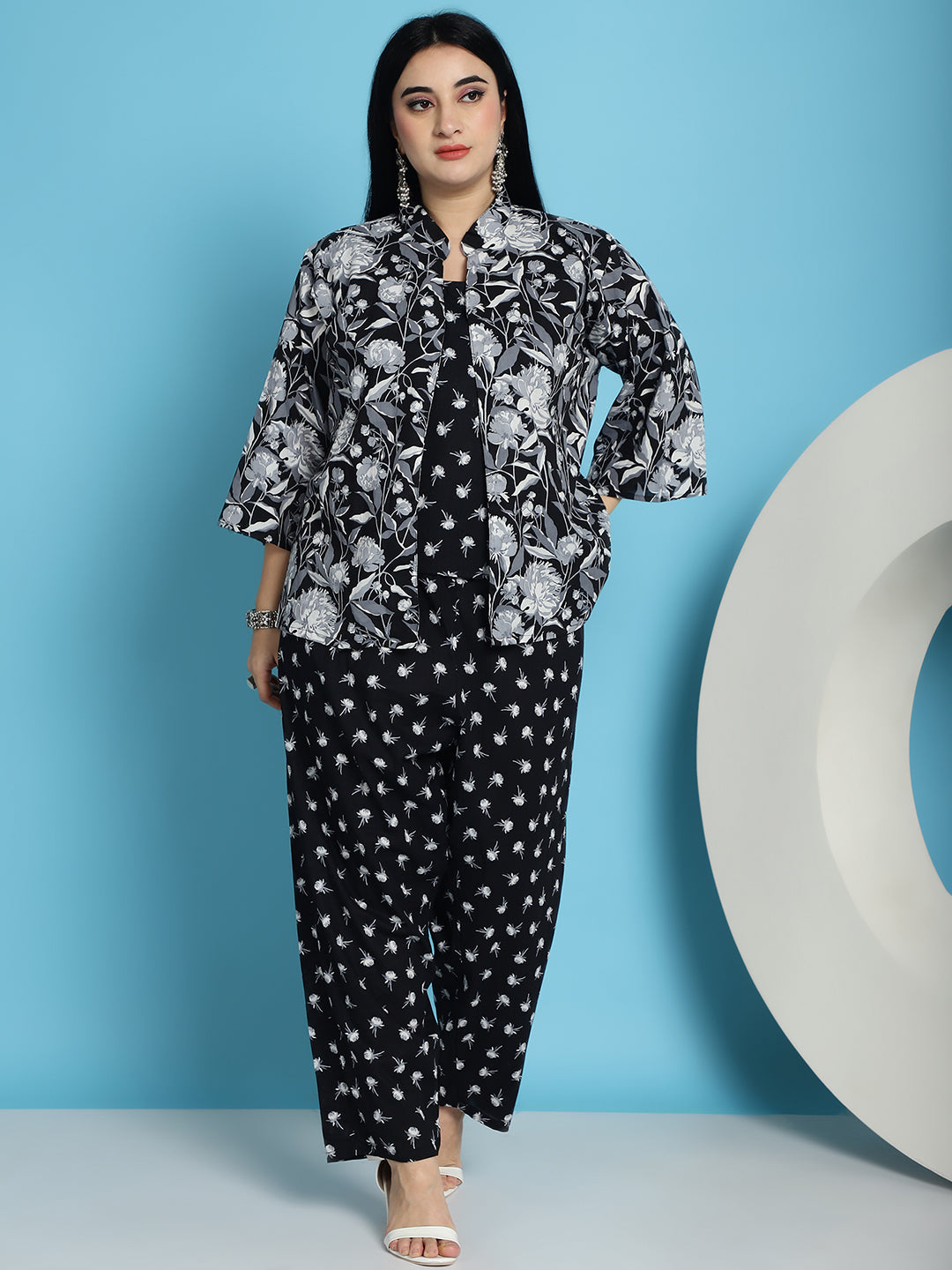 Plus Size Black Floral Print Cotton Slip And Shrug With Pant Set