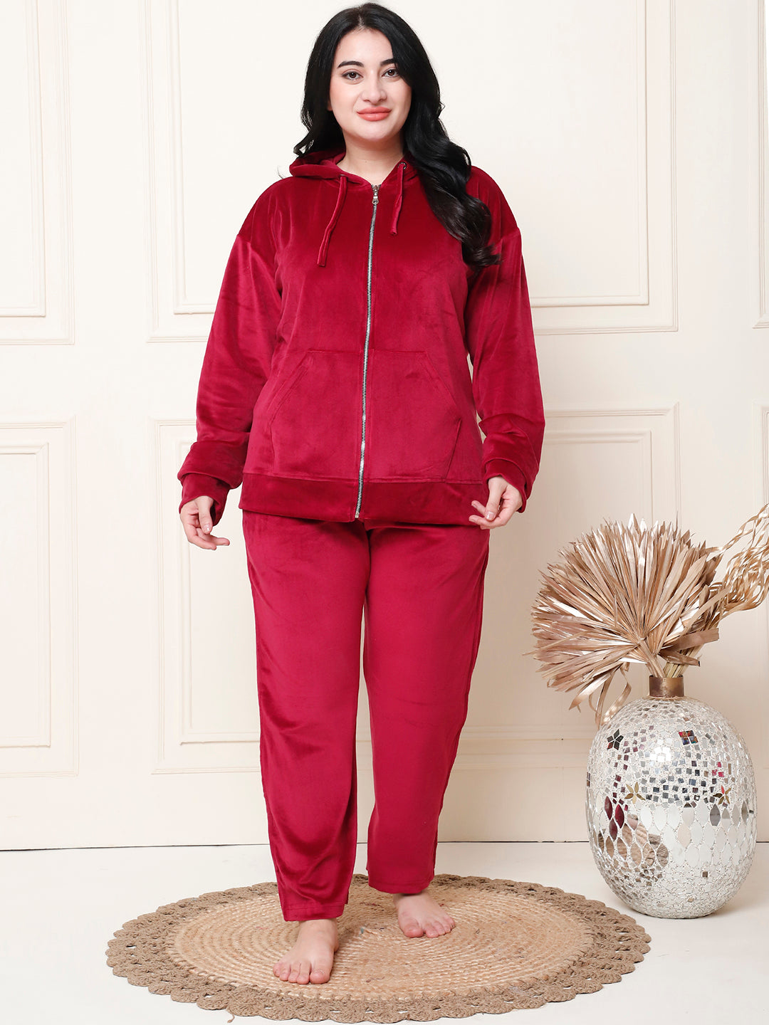 Maroon Velvet Hoodie Lounge Set