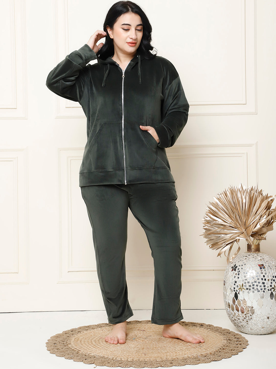 Olive Velvet Hoodie Lounge Set