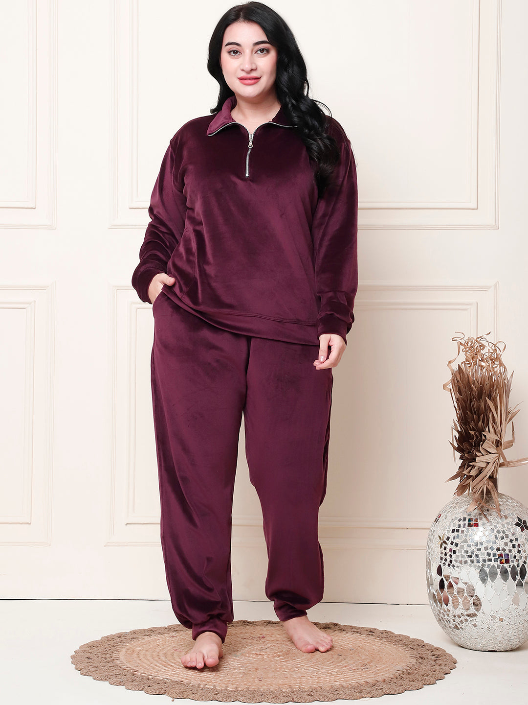Wine Velvet Zip Lounge Set