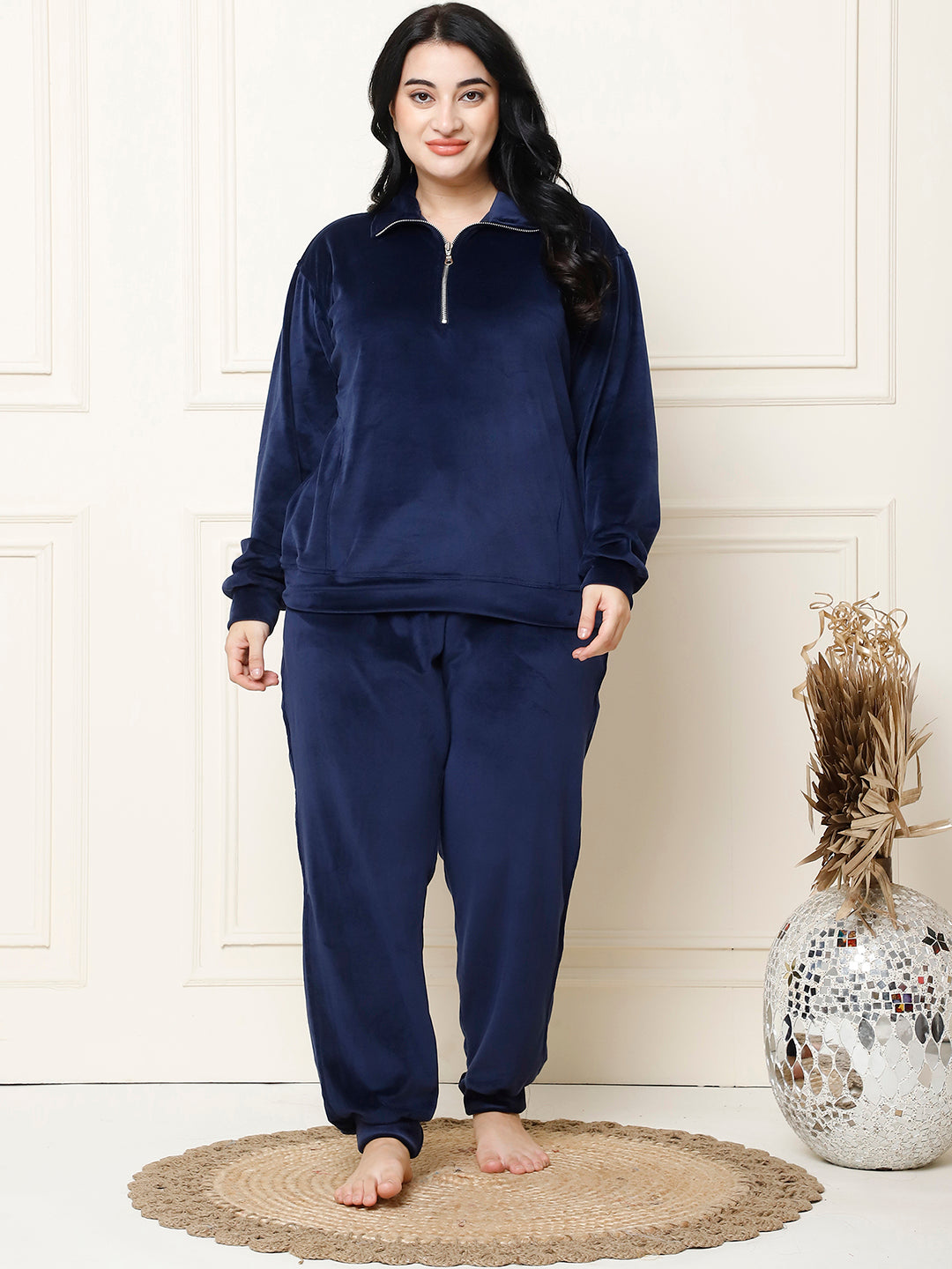 Navy Blue Velvet Zip Lounge Set
