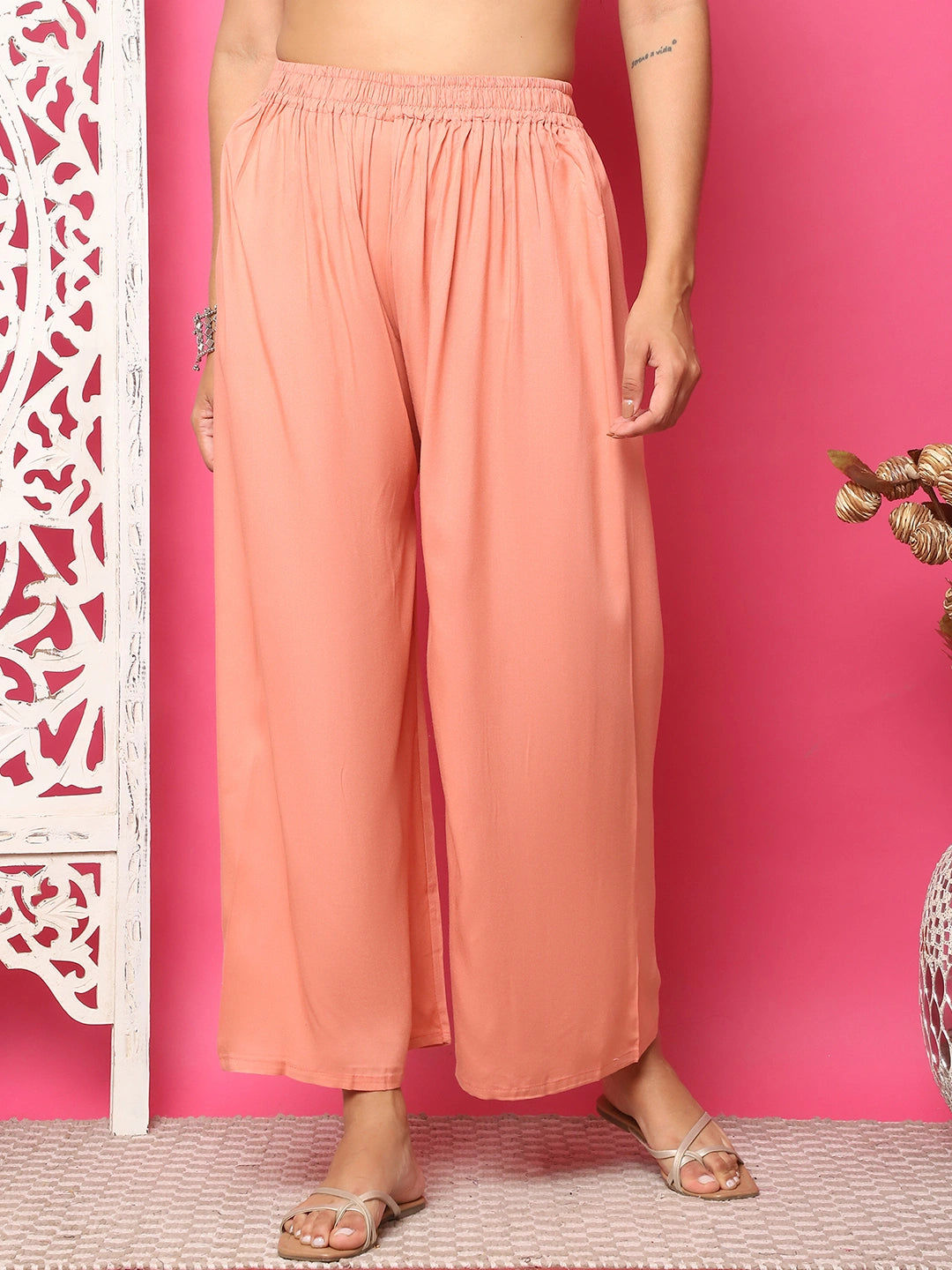 Peach Solid Rayon Palazzo