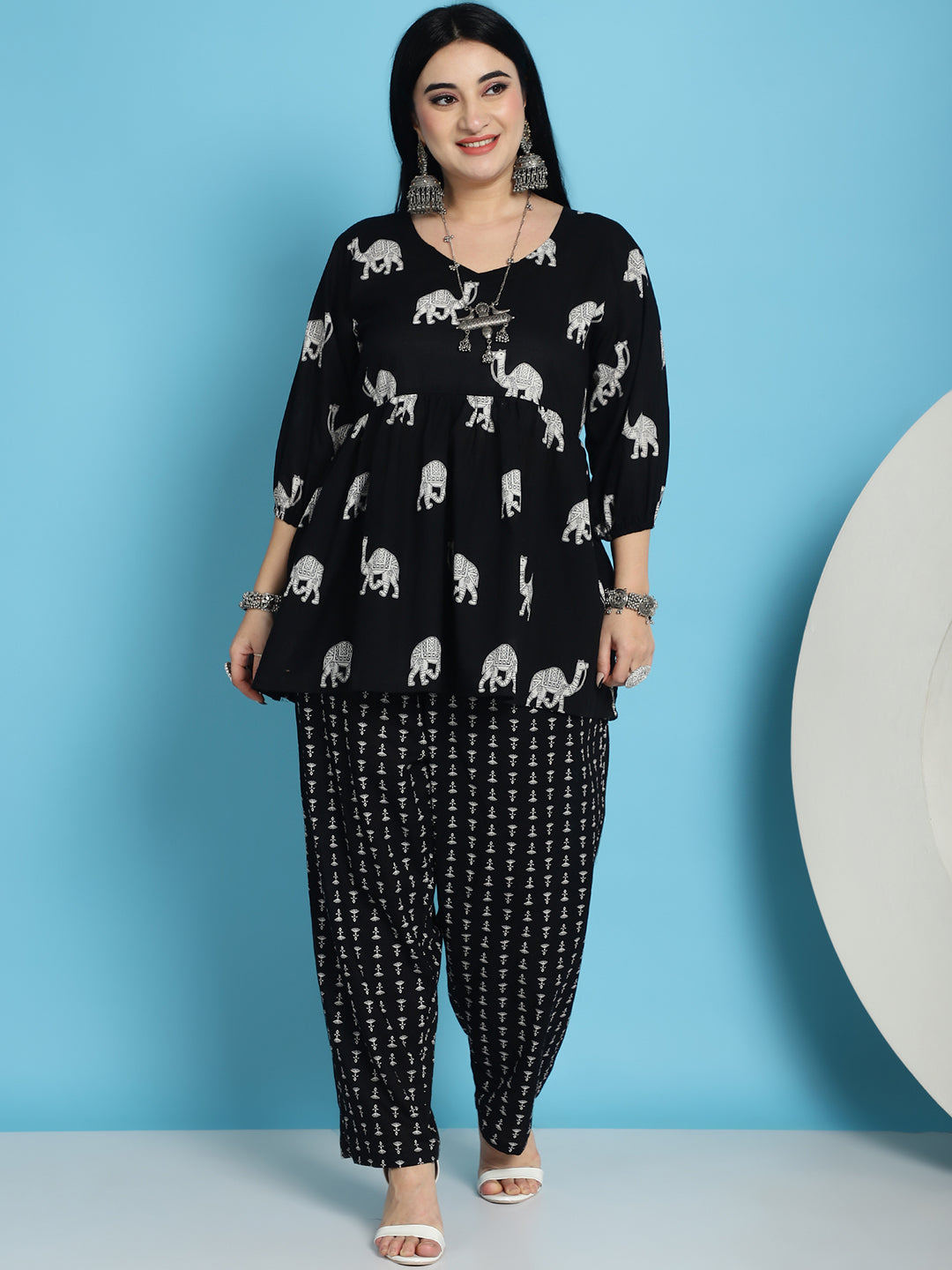 Plus Size Black Camel Print Cotton Peplum With Pant Set