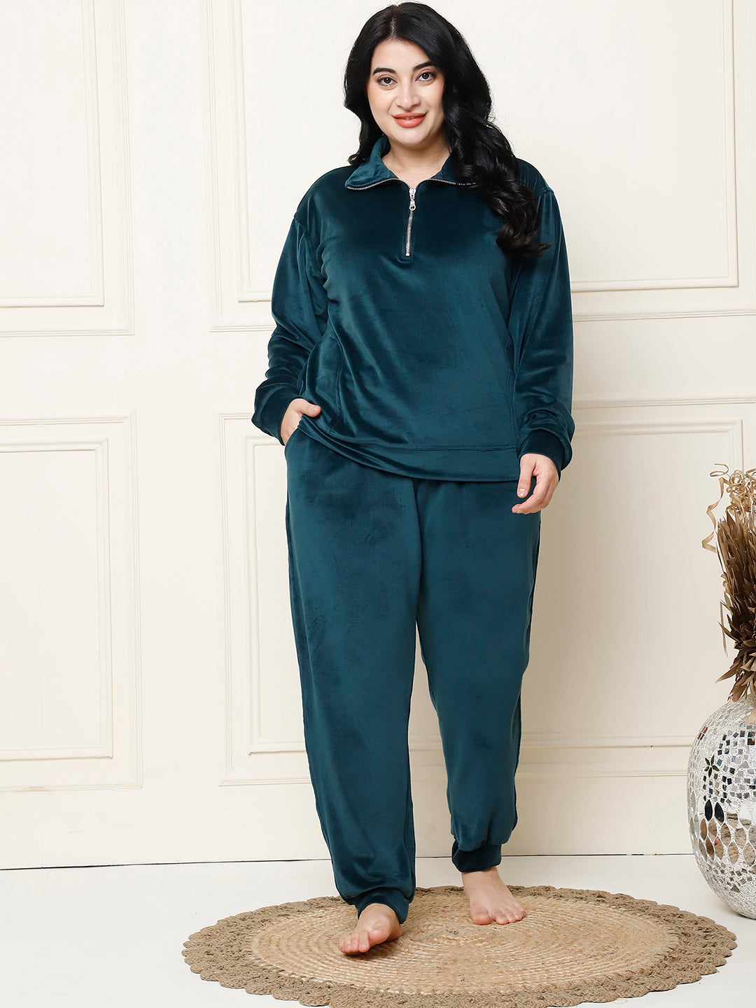 Bottle Green Velvet Zip Lounge Set