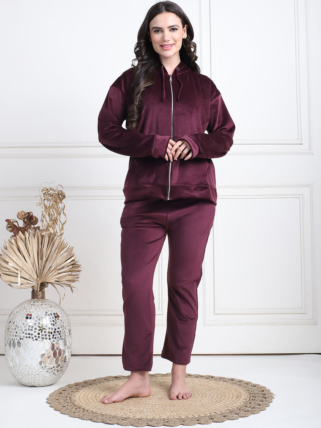 Wine Velvet Hoodie Lounge Set