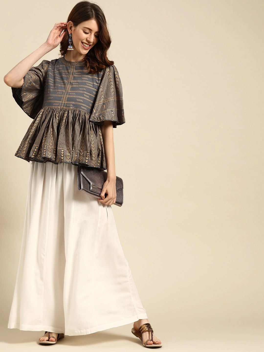Off White rayon double flared palazzo