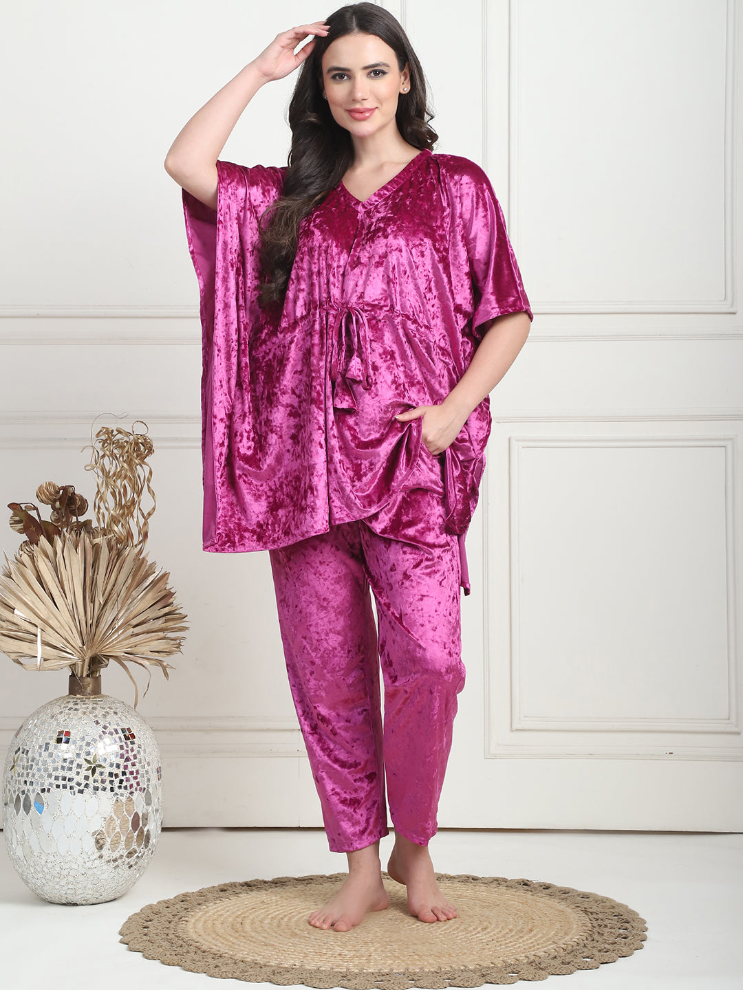 Metallic Pink Ice Velvet Kaftan Lounge Set