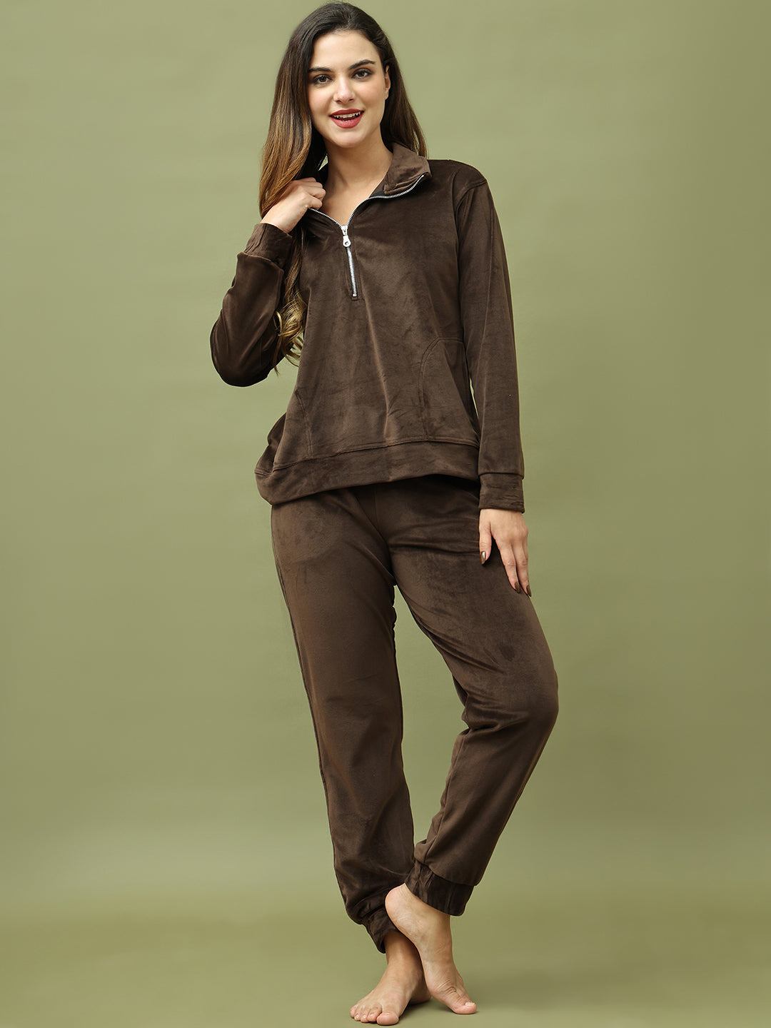 Brown Velvet Zip Lounge Set