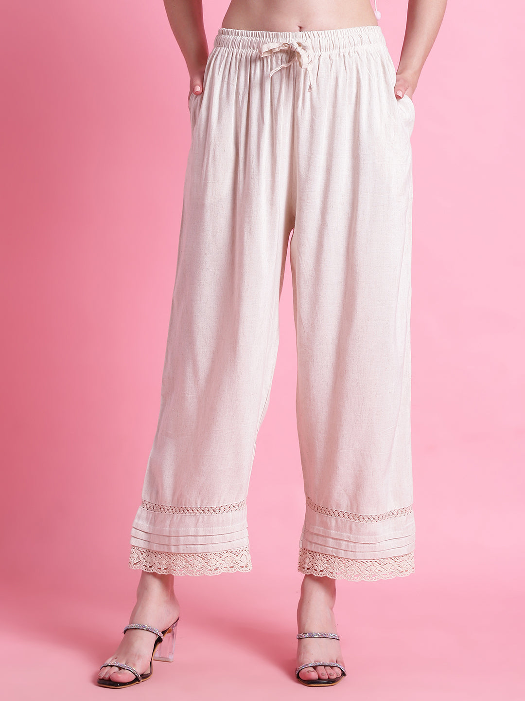 Cream Crotchet Lace Pintex Hem Design Cotton Flax Palazzo