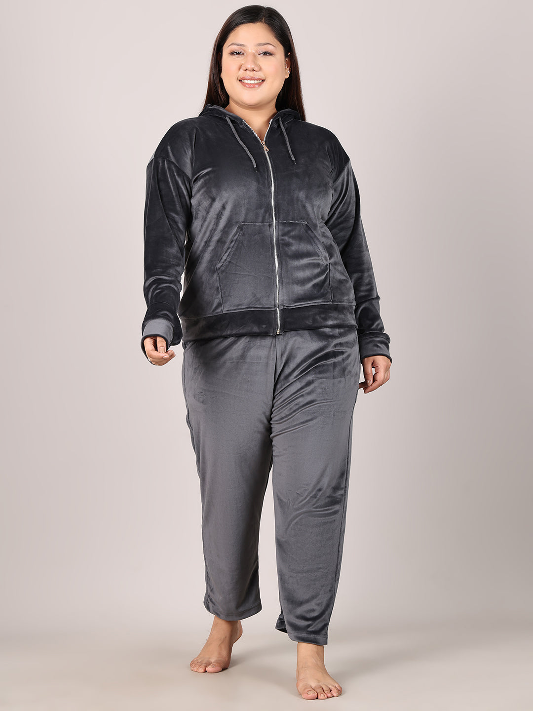 Dark Grey Velvet Hoodie Lounge Set
