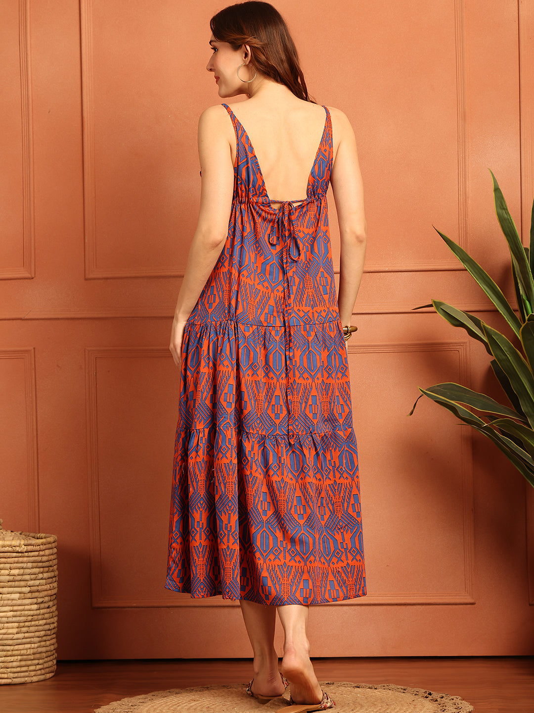 Orange Metrix Long Flare Dress