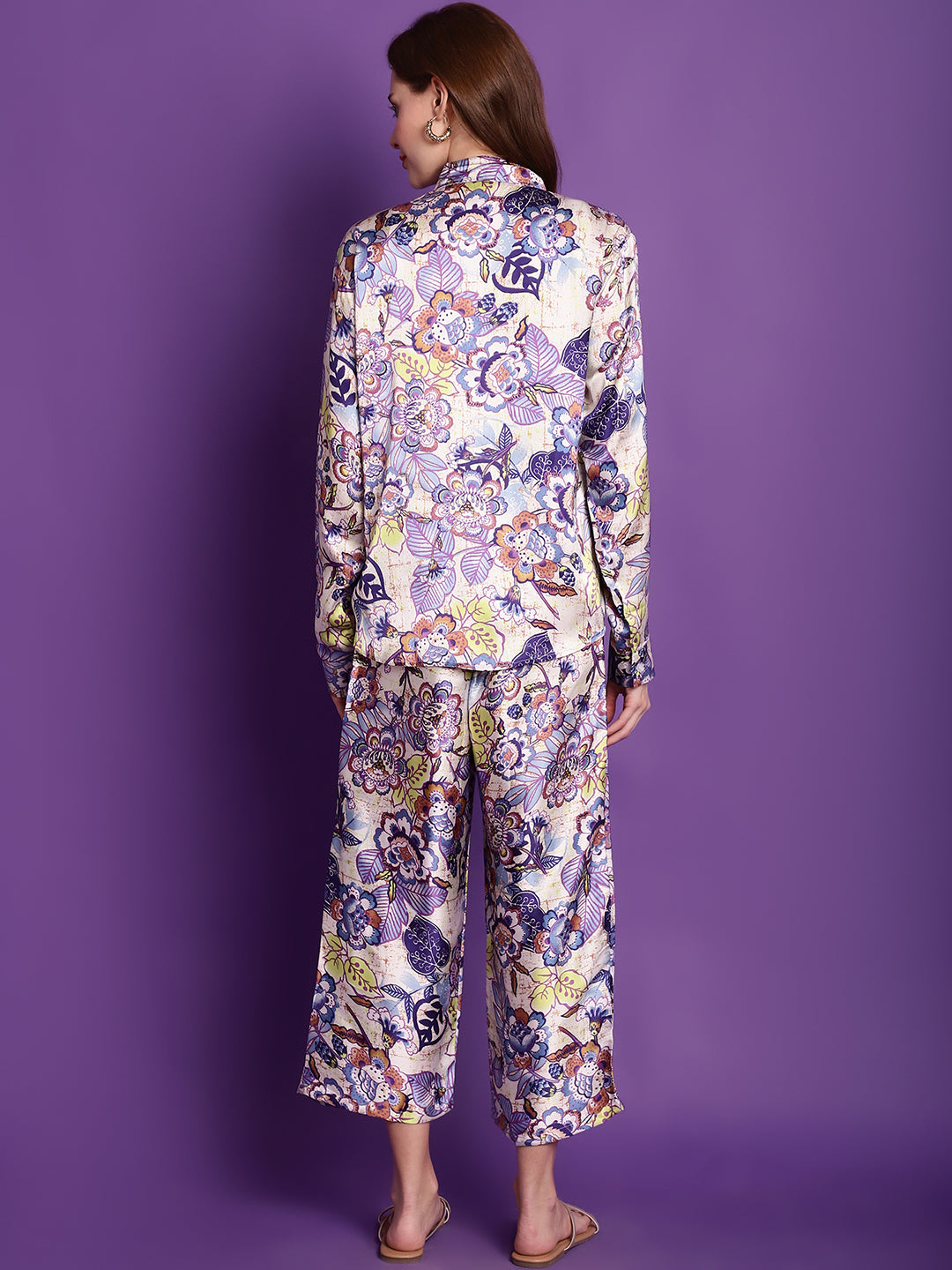 White Purple Floral Satin Co-Ord Set