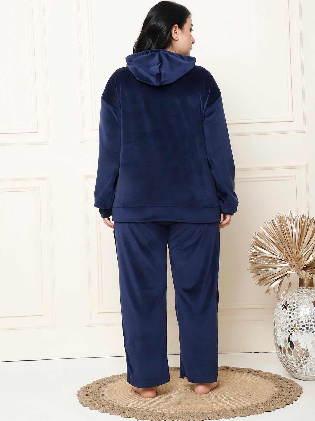 Navy Blue Velvet Hoodie Lounge Set