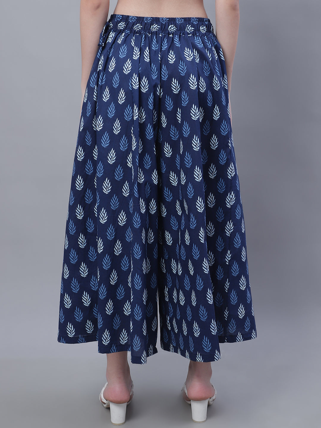 Indigo Blue Leaf Cotton Print Flared Palazzo