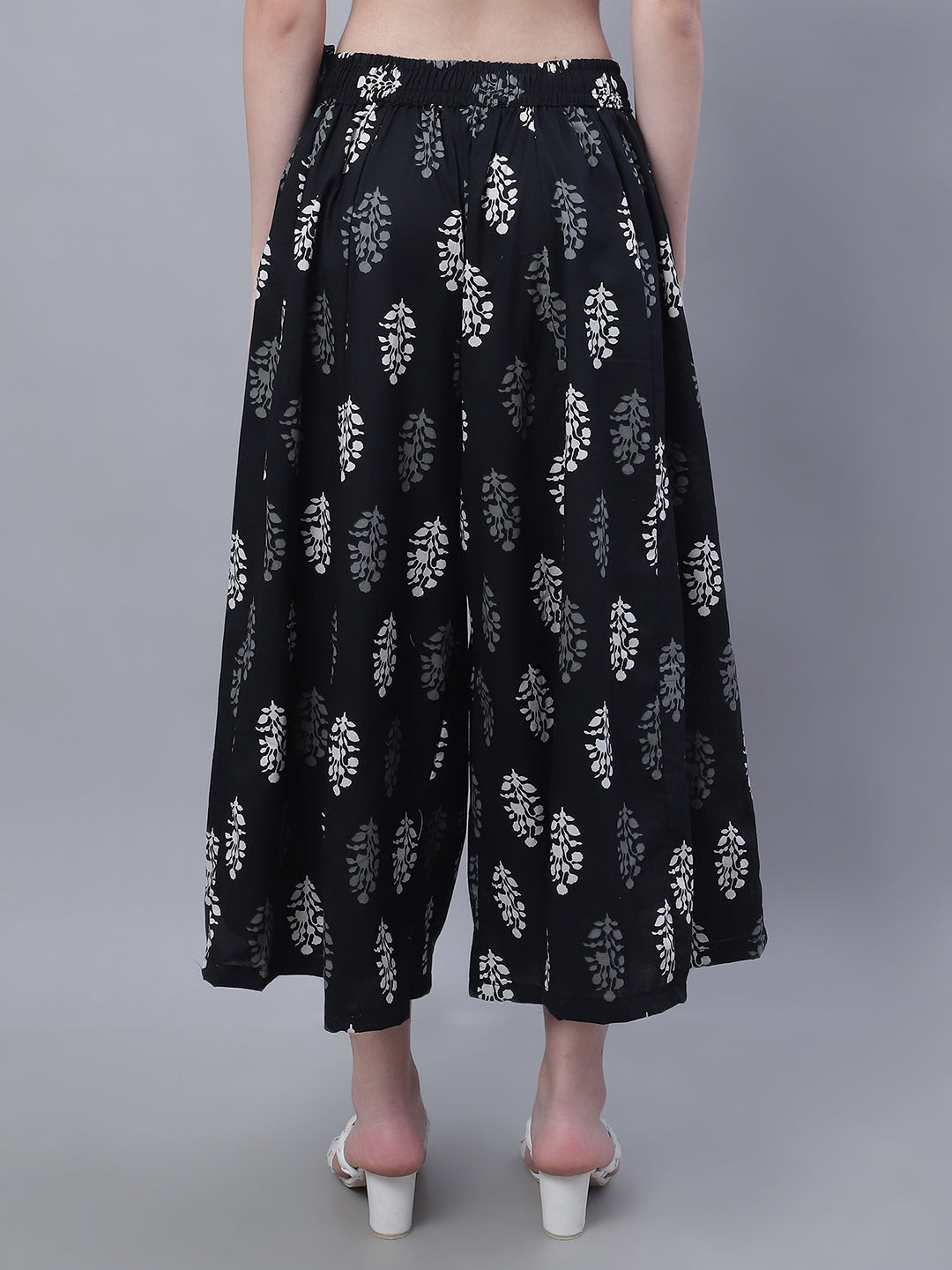 Black Block Cotton Print Flared Palazzo