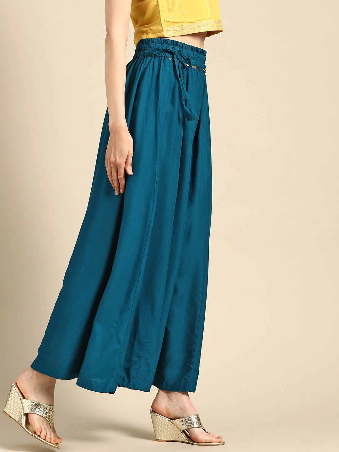 Blue rayon double flared palazzo