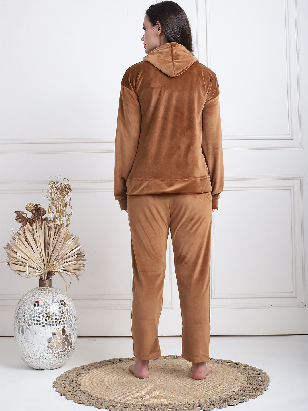Camel Brown Velvet Hoodie Lounge Set