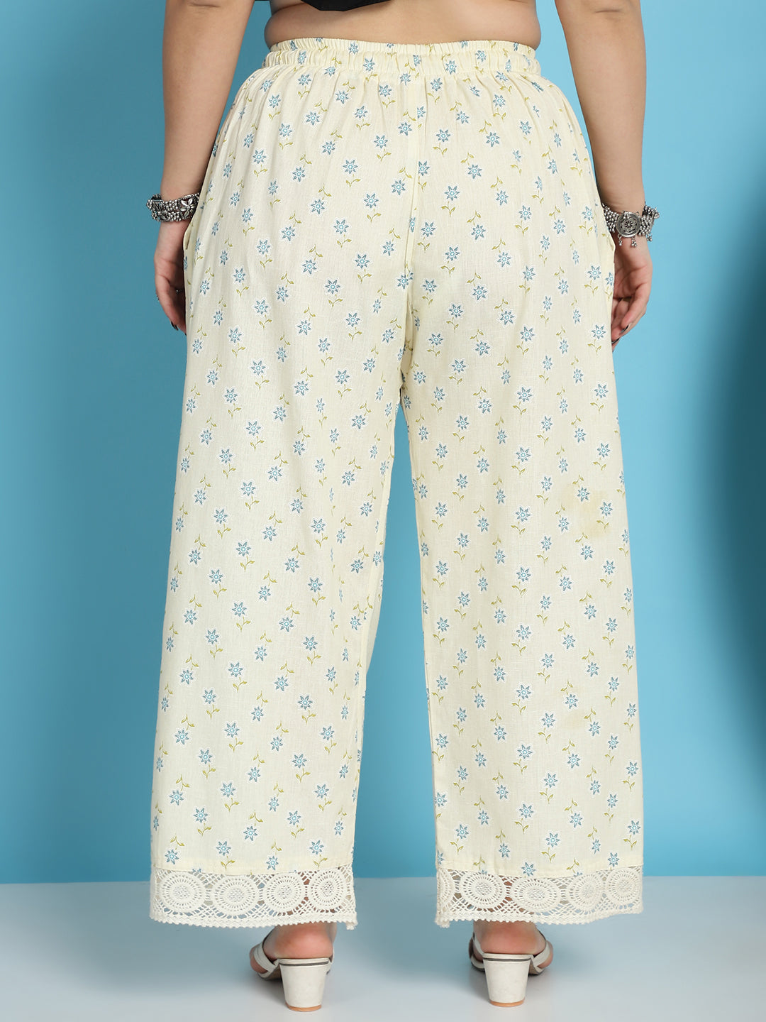 White Blue Booti Cotton Flax Crotchet Lace Palazzo