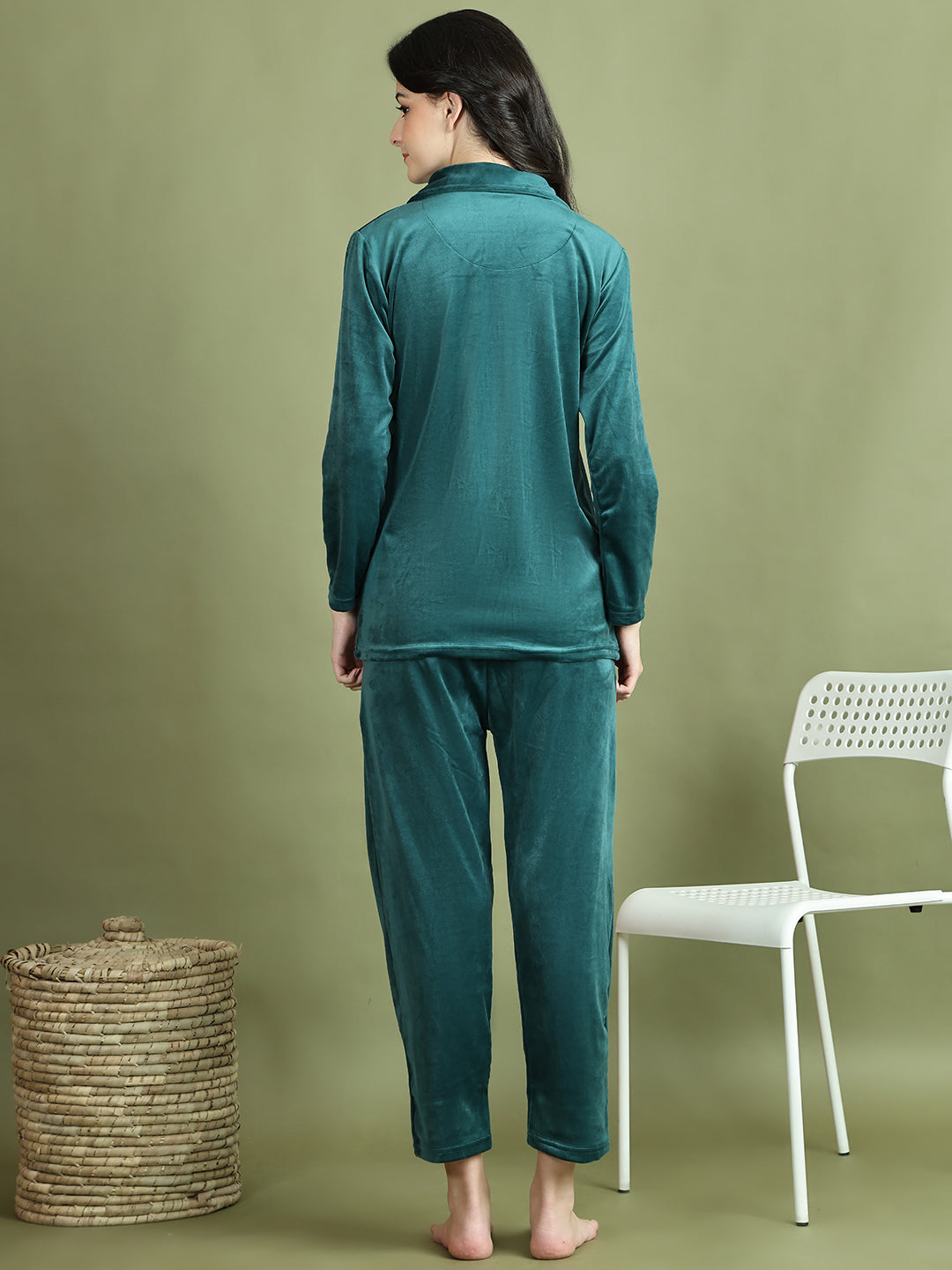 Bottle Green Embroidery Velvet Lounge Set