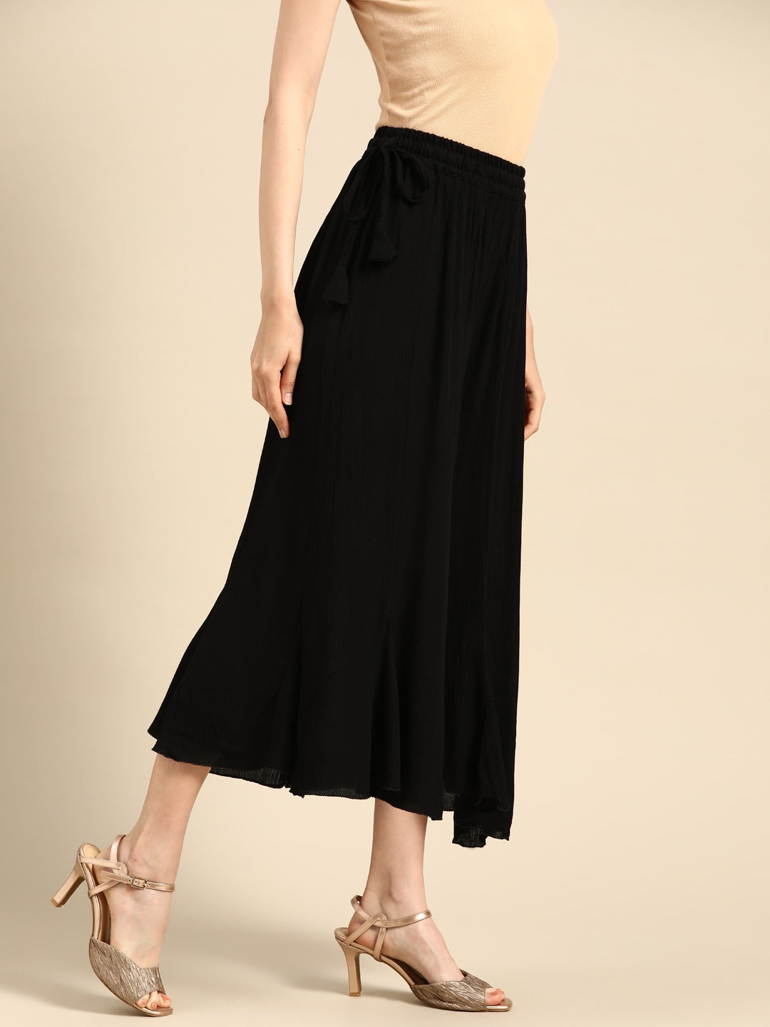 Black rayon crushed flared palazzo