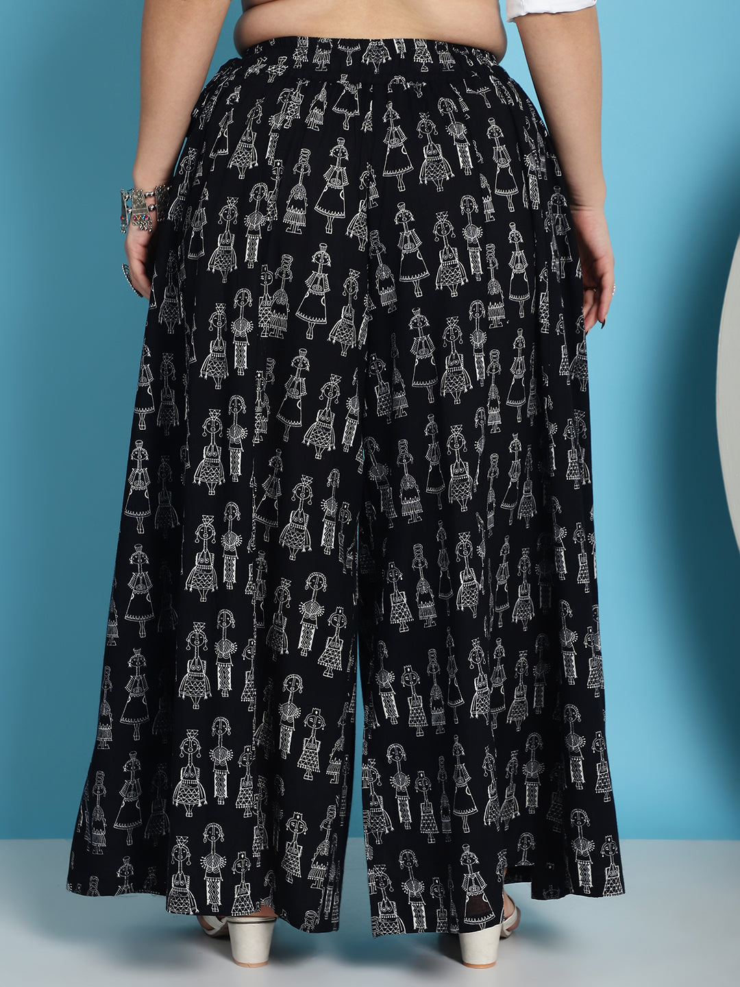 Black Warli Print Cotton Flared Kali Palazzo