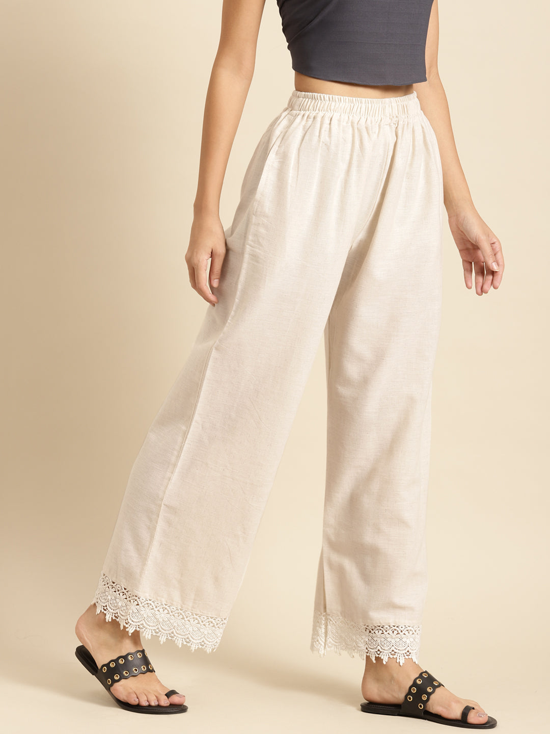 Cream Crotchet Lace Cotton Flax Palazzo
