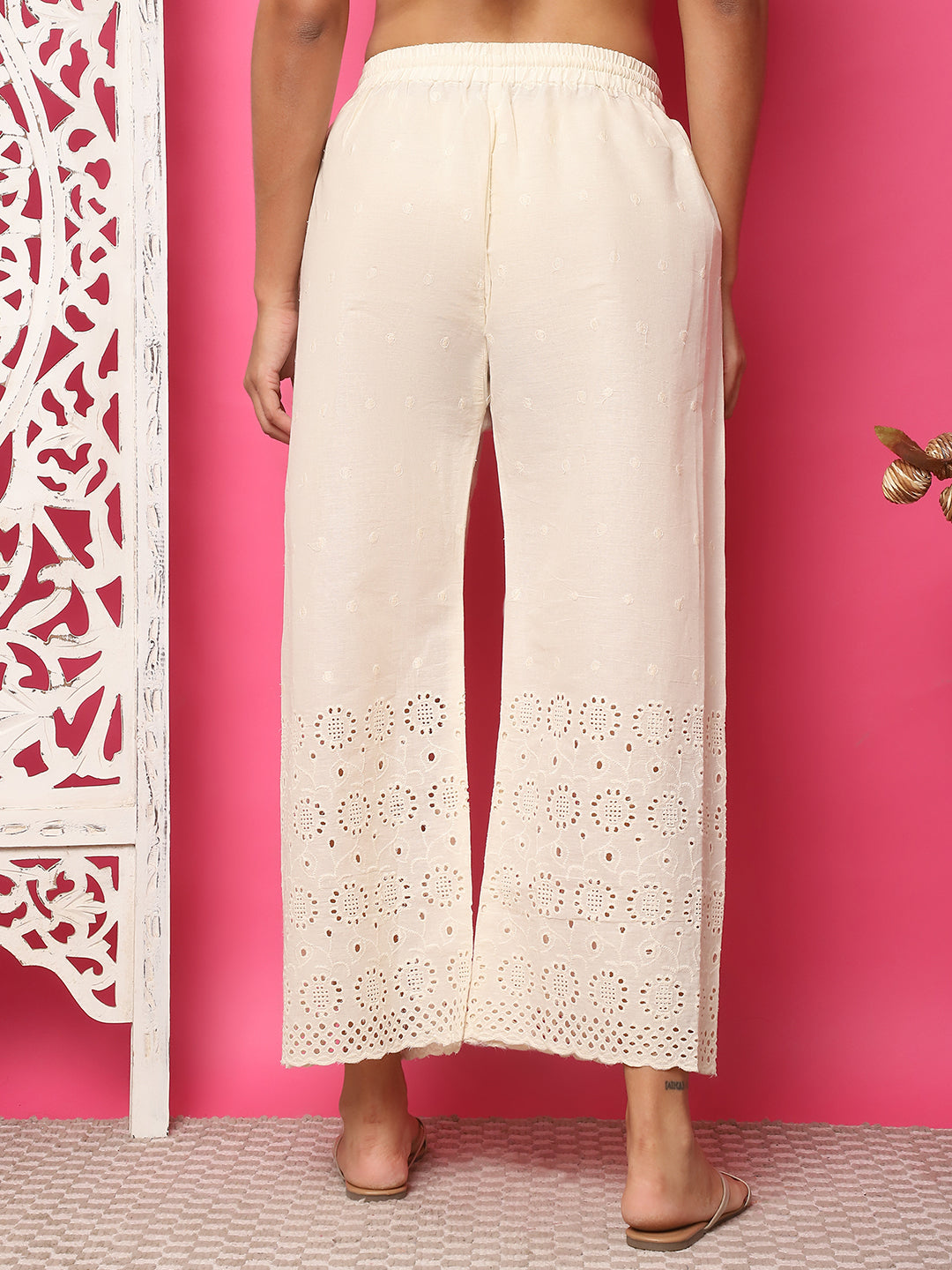 Cream Flower Bel Schiffli Cotton Palazzo