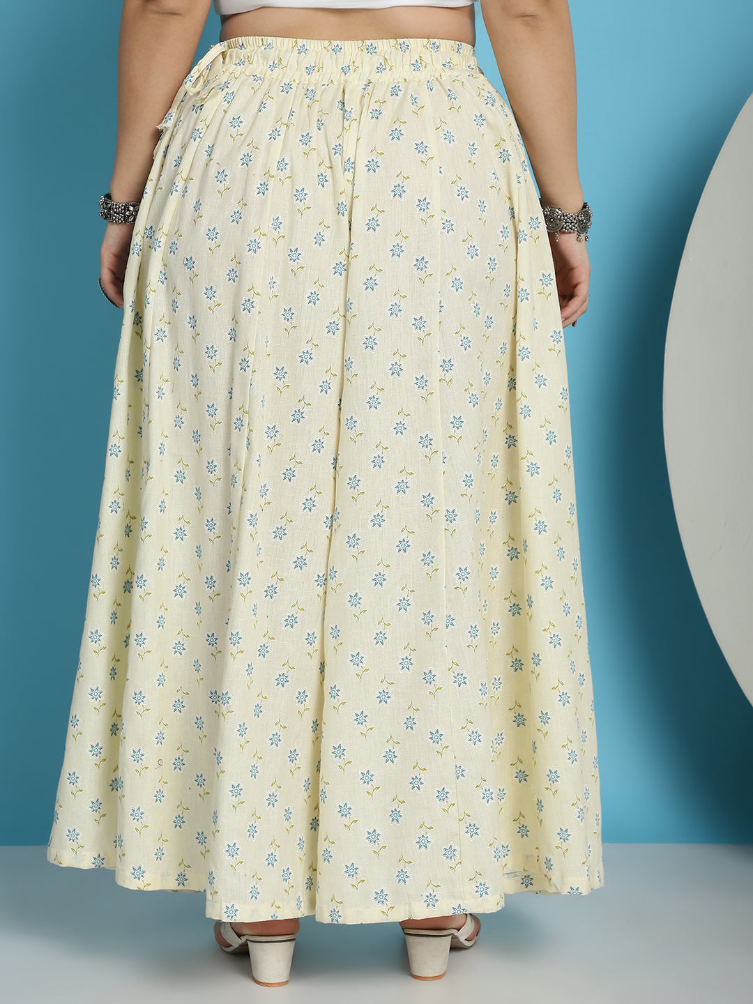 White Cotton Flax Floral Print Flared Kali Palazzo