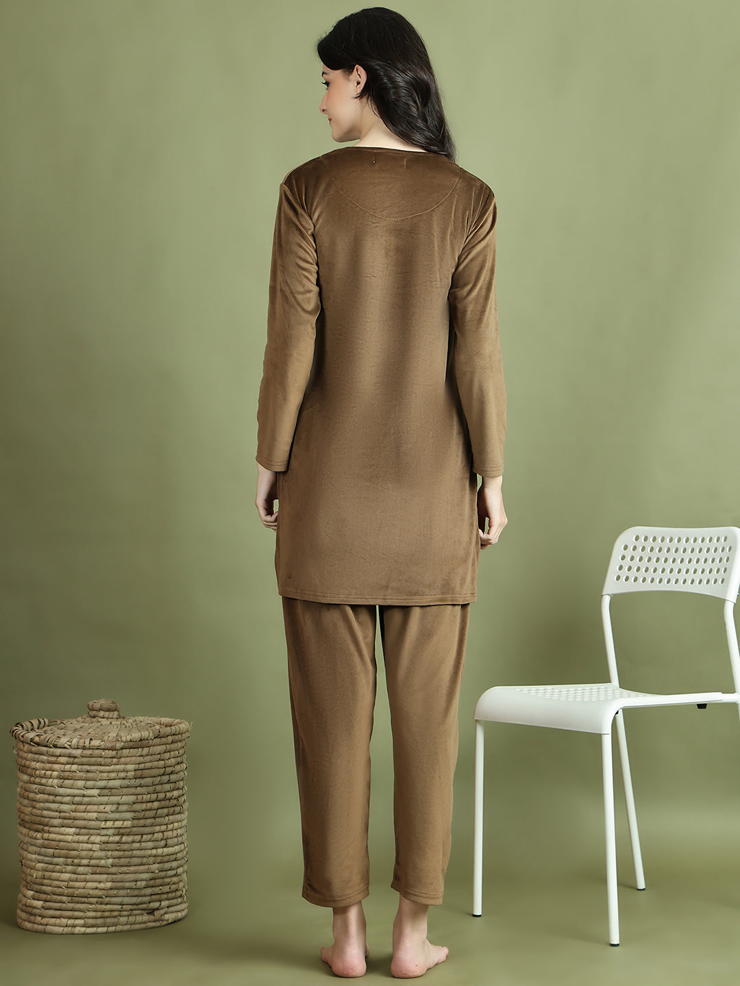 Brown Embroidery Velvet Lounge Set