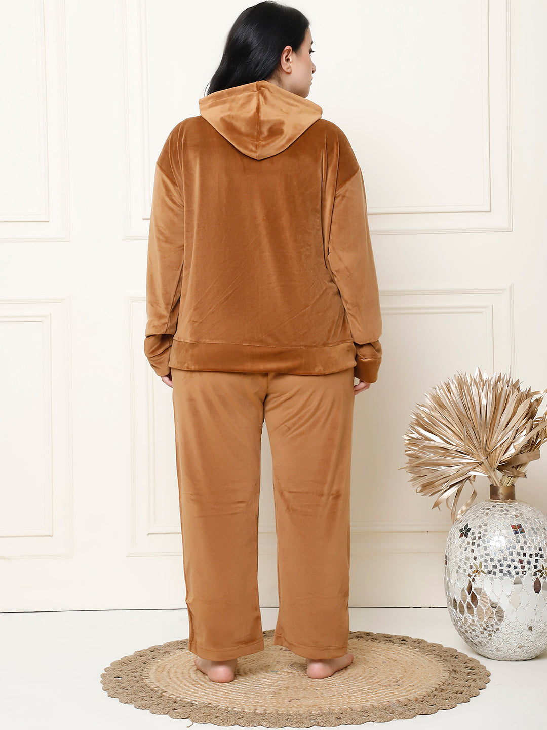 Camel Brown Velvet Hoodie Lounge Set