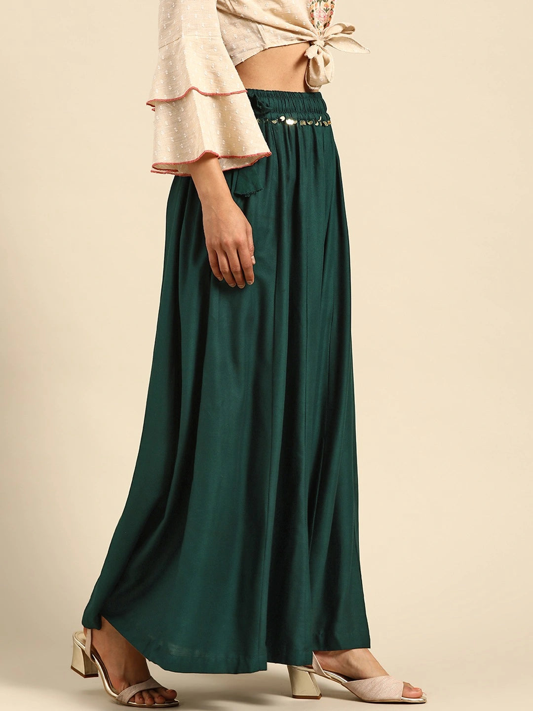 Bottle Green rayon double flared palazzo