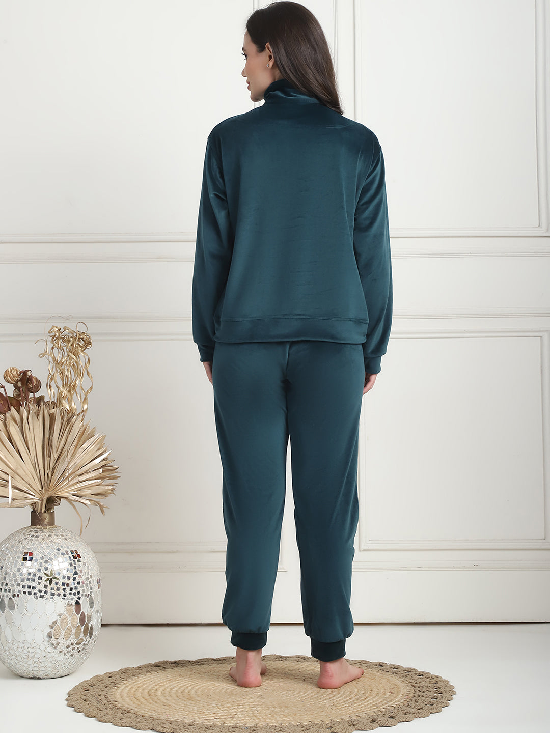 Bottle Green Velvet Zip Lounge Set