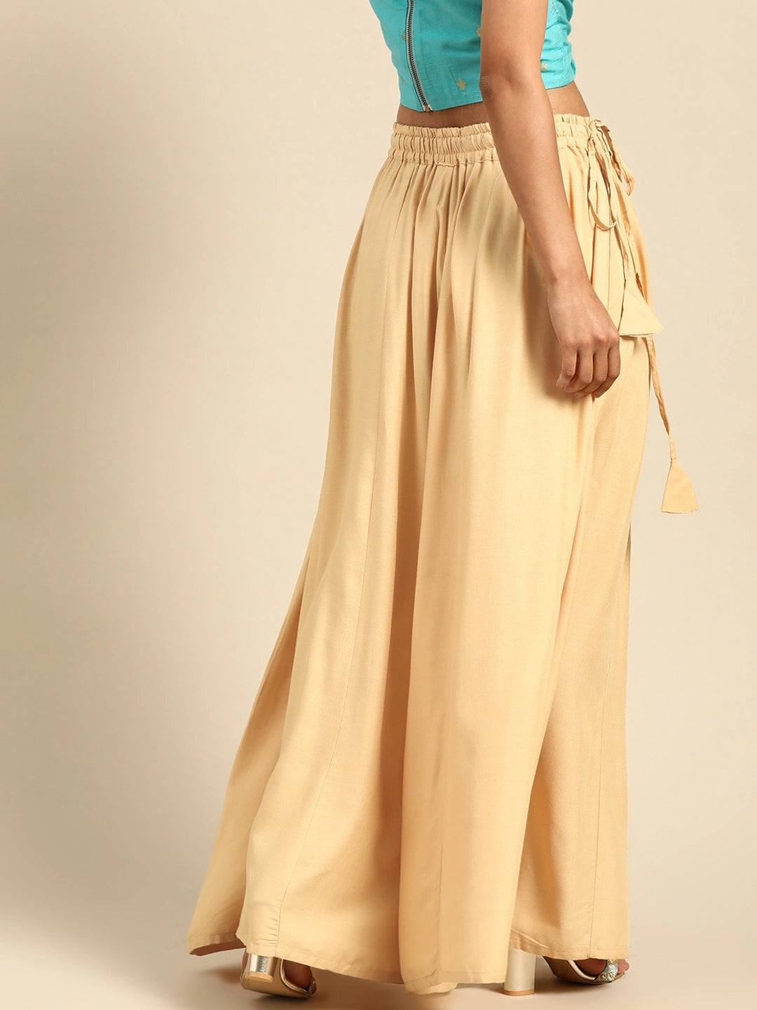 Beige rayon double flared palazzo