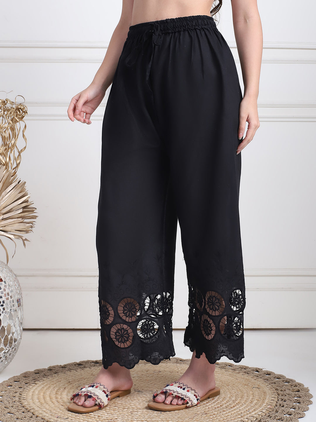 Black Cotton Schifflie Palazzo