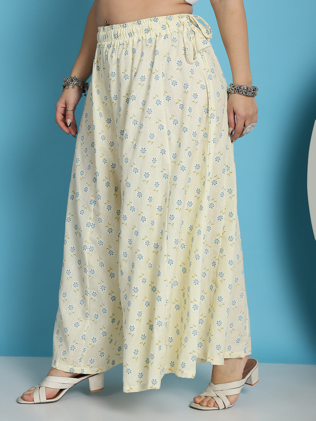 White Cotton Flax Floral Print Flared Kali Palazzo