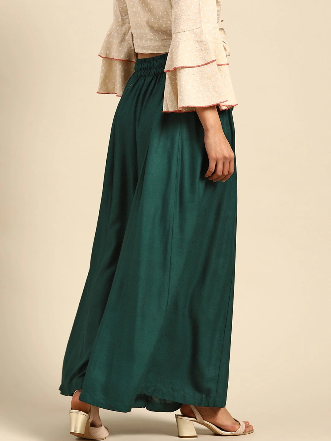 Bottle Green rayon double flared palazzo