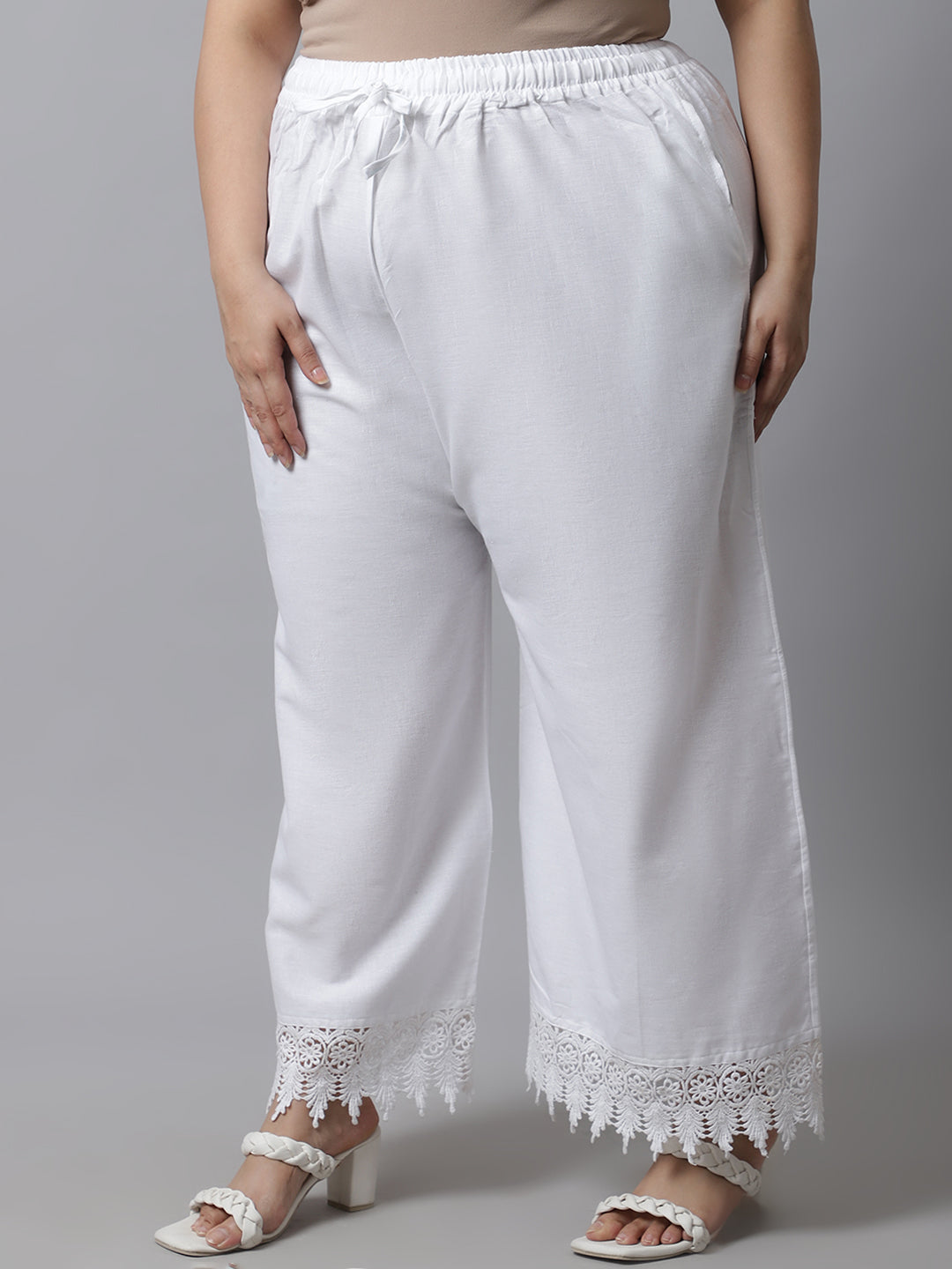 White Crotchet Lace Cotton Flax Plus Palazzo