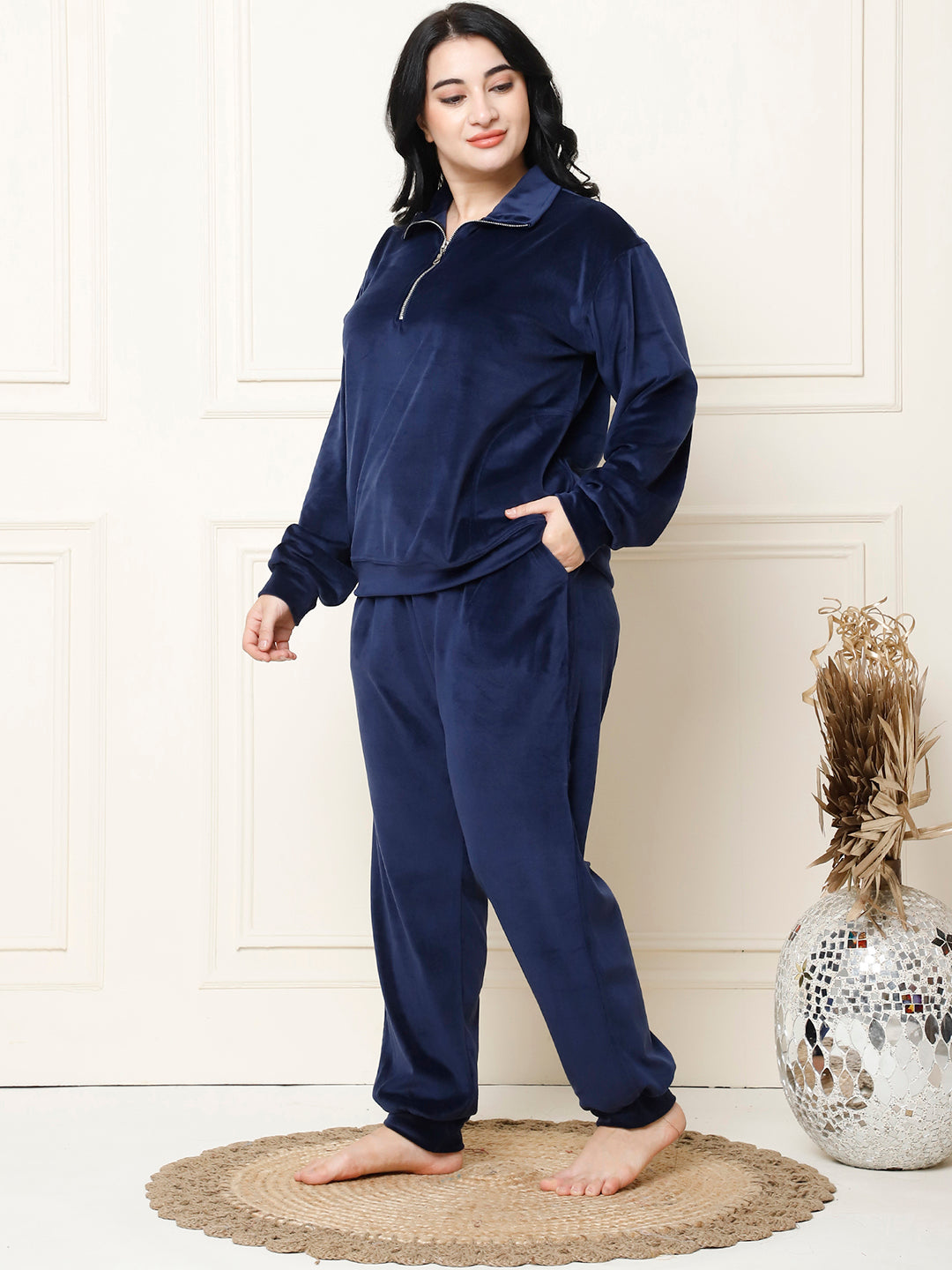 Navy Blue Velvet Zip Lounge Set