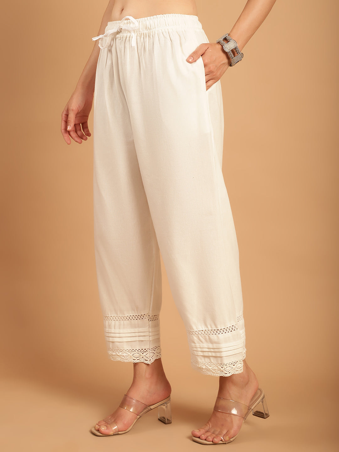 White Crotchet Lace Pintex Hem Design Cotton Flax Palazzo