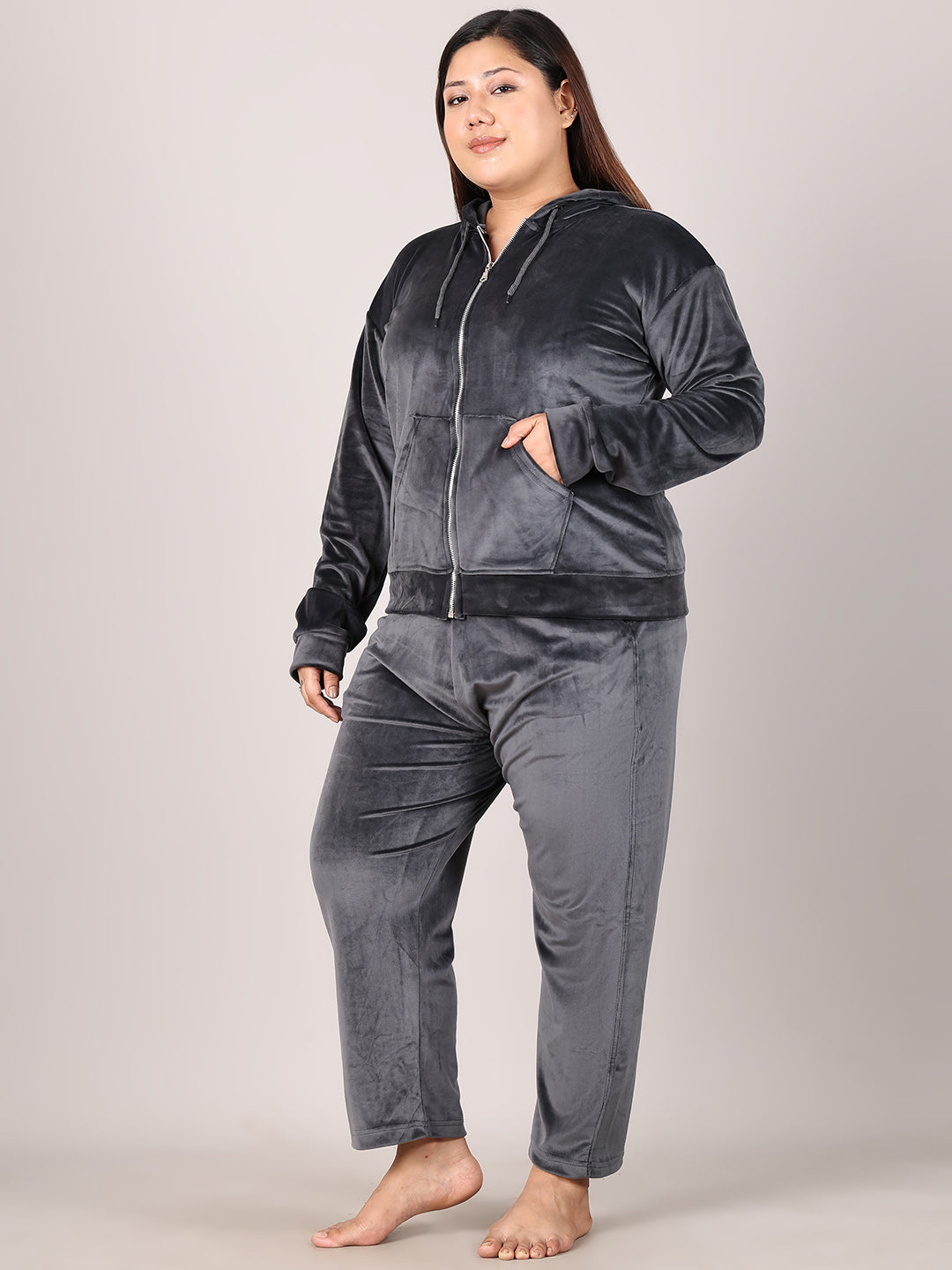 Dark Grey Velvet Hoodie Lounge Set
